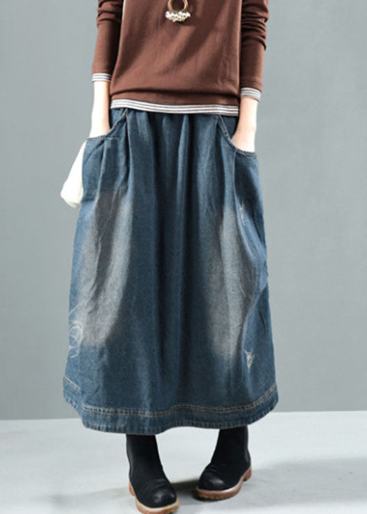 Blue Elastic Waist Pockets Patchwork Fall Denim Skirt