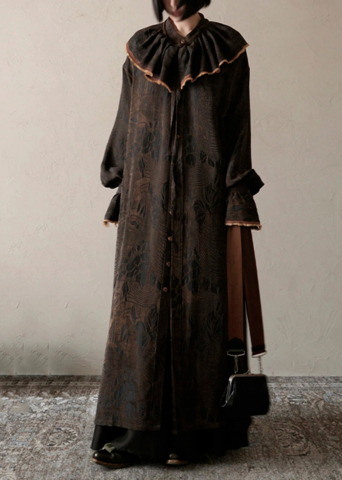 Chocolate Ruffled Print Patchwork Silk Long Dress Spring