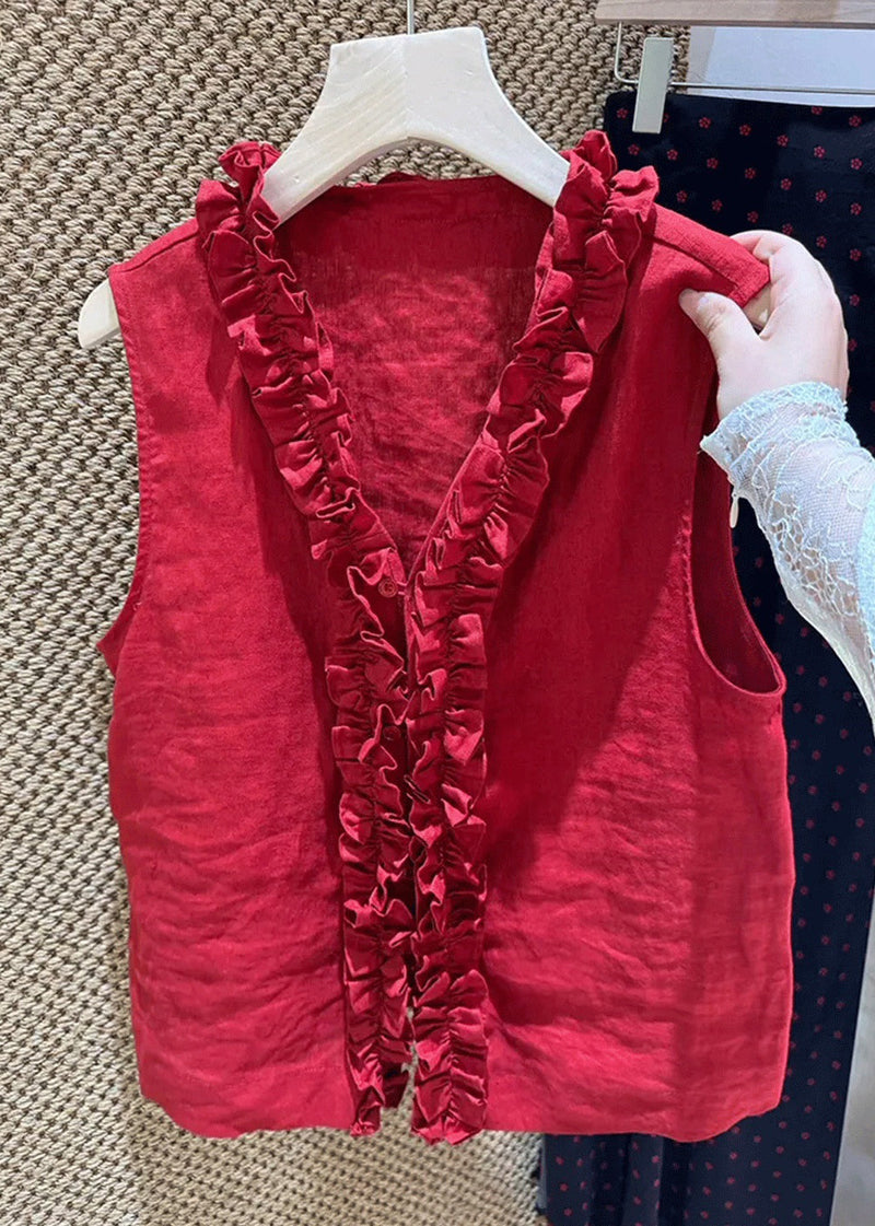 Simple Red V Neck Ruffled Cotton Blouse Top Sleeveless Fall