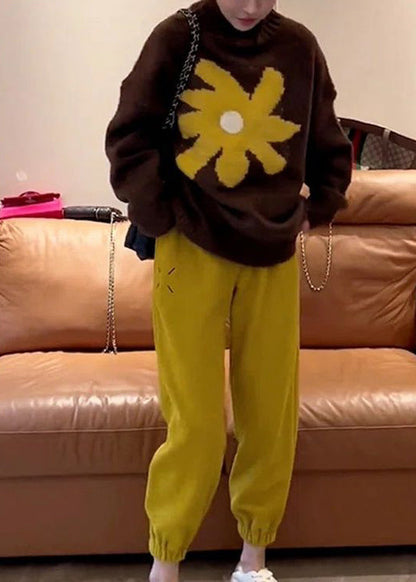 Coffee O Neck Knit Sweaters and Yellow Pants Two Pieces Set Fall