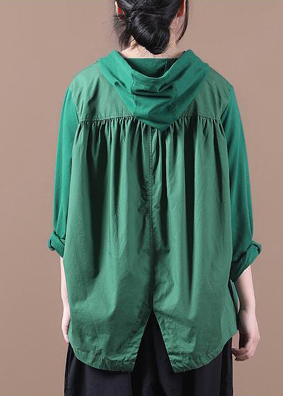 Green Patchwork Drawstring Hooded Sweatshirts Long Sleeve