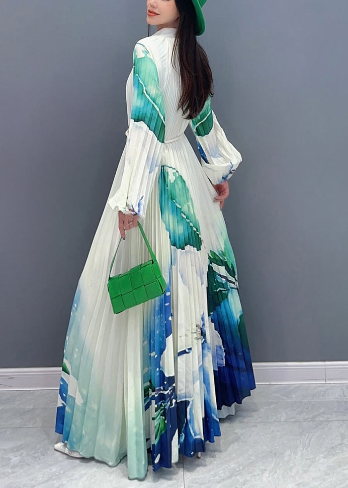 Green Turtleneck Print Tie Waist Long Dresses Long Sleeve