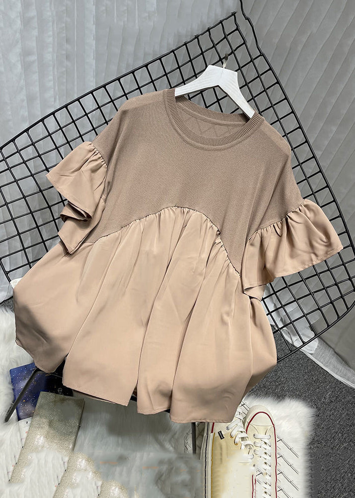Khaki O Neck Knit Patchwork Chiffon T Shirt Summer