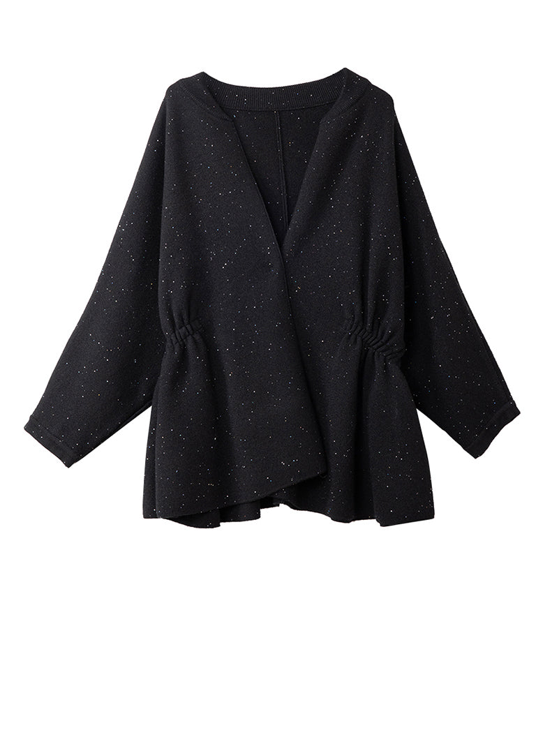 Black Cinched Sequins Knit Loose Coat Winter
