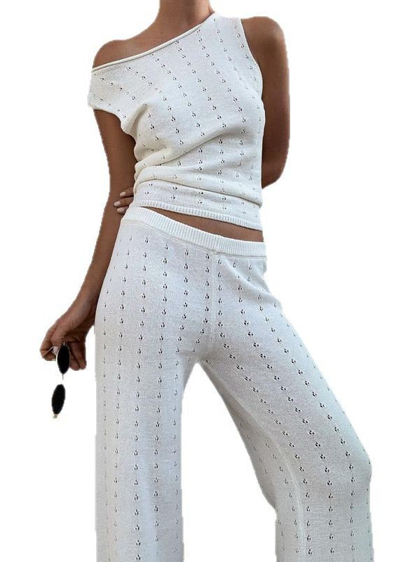 White Hollow Out Flatering Knit Vests and Straight Pants Two Piece Set Sleeveless
