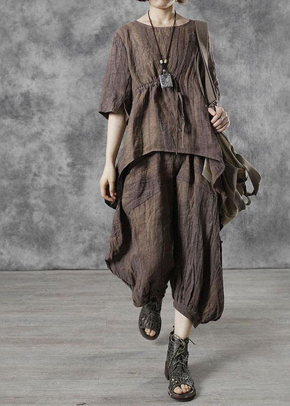Art Chocolate Tie Waist Wrinkled Fall Tops Half Sleeve
