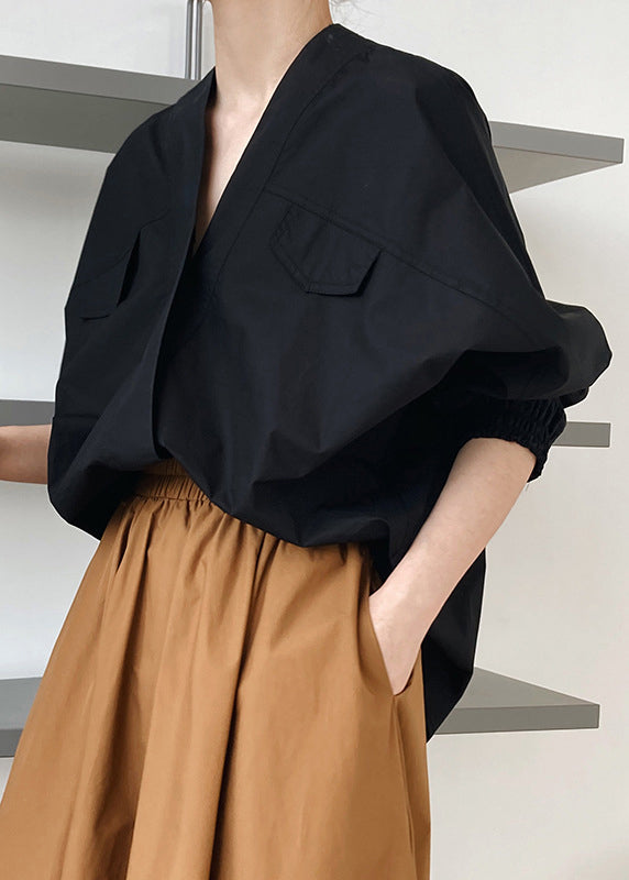 French White V Neck Cotton Shirts Top Batwing Sleeve
