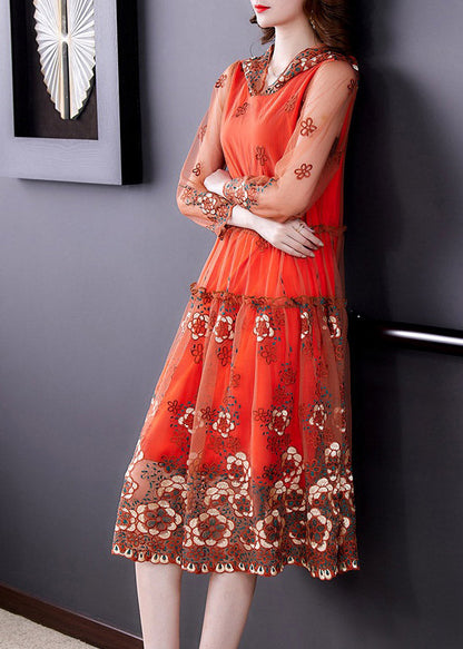 Vogue Orange Embroideried Tulle Hooded Long Dresses Spring