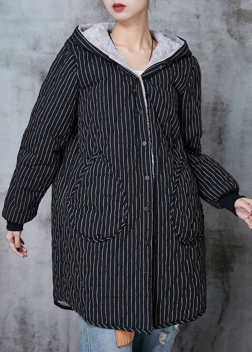 Black Hooded Striped Warm Fleece Coat Winter