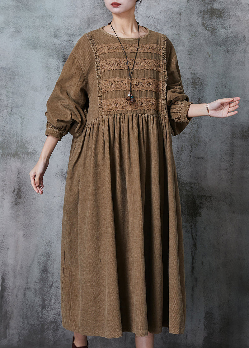 Coffee Oversized Patchwork Lace Corduroy Long Dress Spring