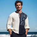 Men's Vintage Sashiko Patchwork Japanese Art Linen V-neck Shirt artswardrobe