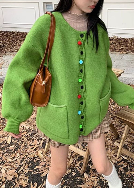 Modern Apricot O-neck Pockets Button Cotton Knit Sweater Coats Fall