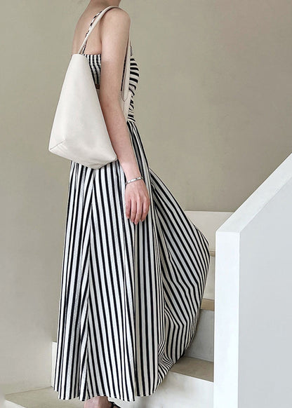 French Striped Cold Shoulder Wrinkled Spaghetti Strap Cotton Dress Summer