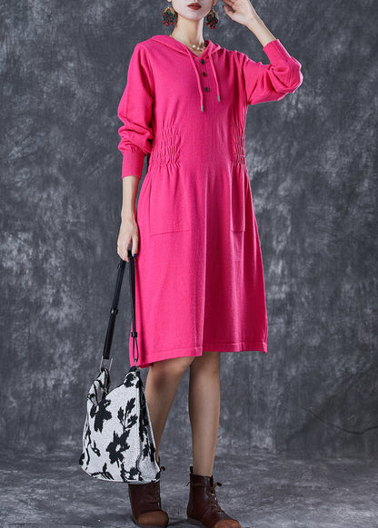 Rose Hooded Elastic Waist Knit Dresses Fall