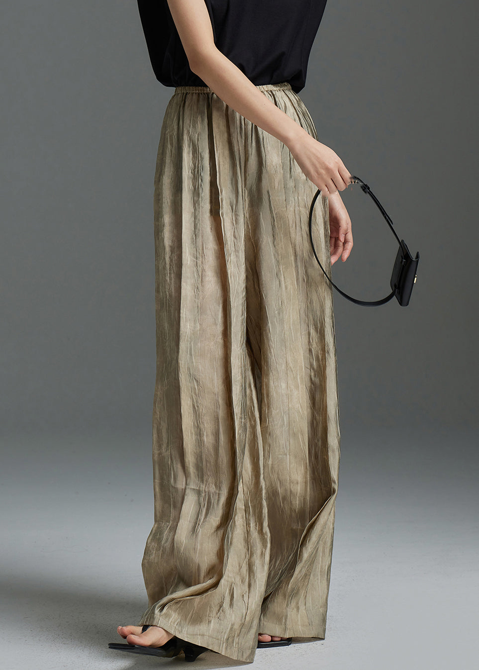 Modern Khaki Wrinkled Elastic Waist Silk Pants Spring