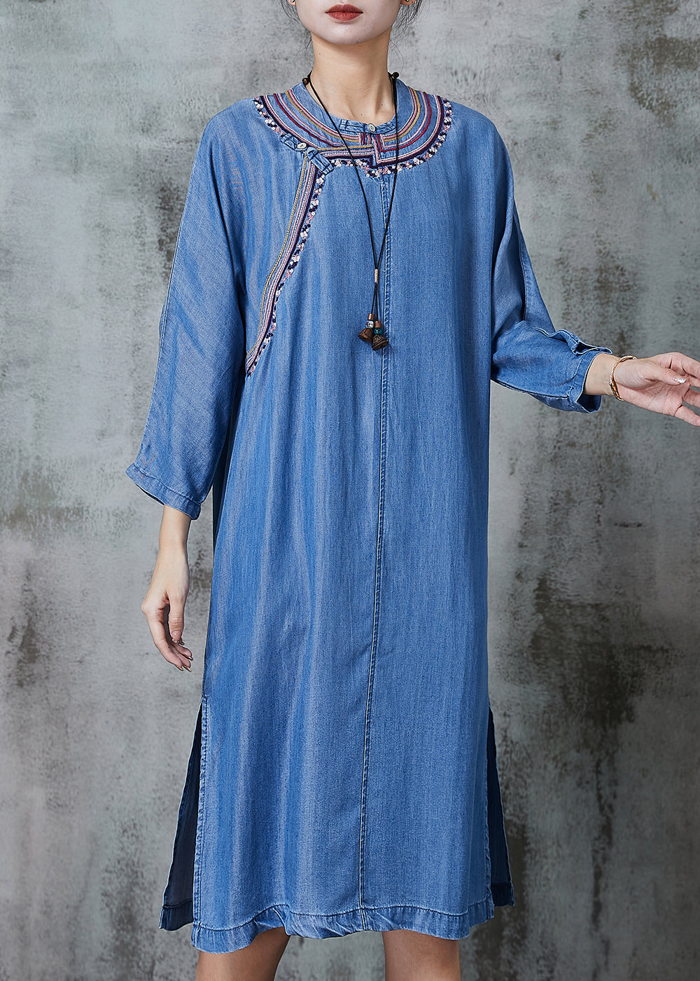 Denim Blue Embroidered Side Open Dresses Summer