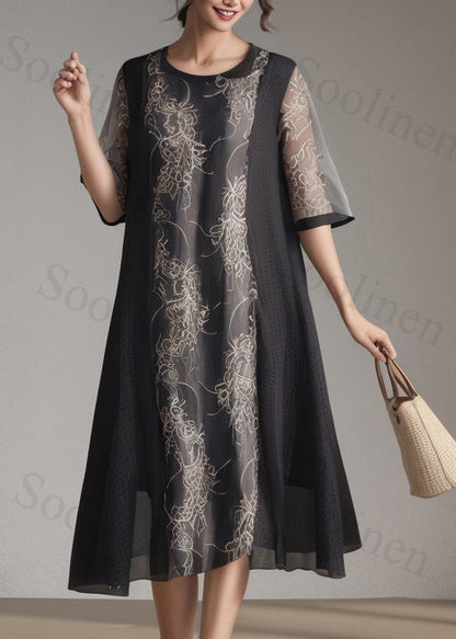 Black O Neck Print Patchwork Silk Dress Summer