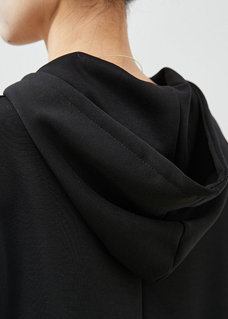 Black Hooded Zippered Cotton Sweatshirts Dress Spring