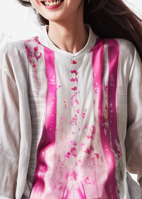 New Rose Print Side Open Patchwork Cotton Top Long Sleeve