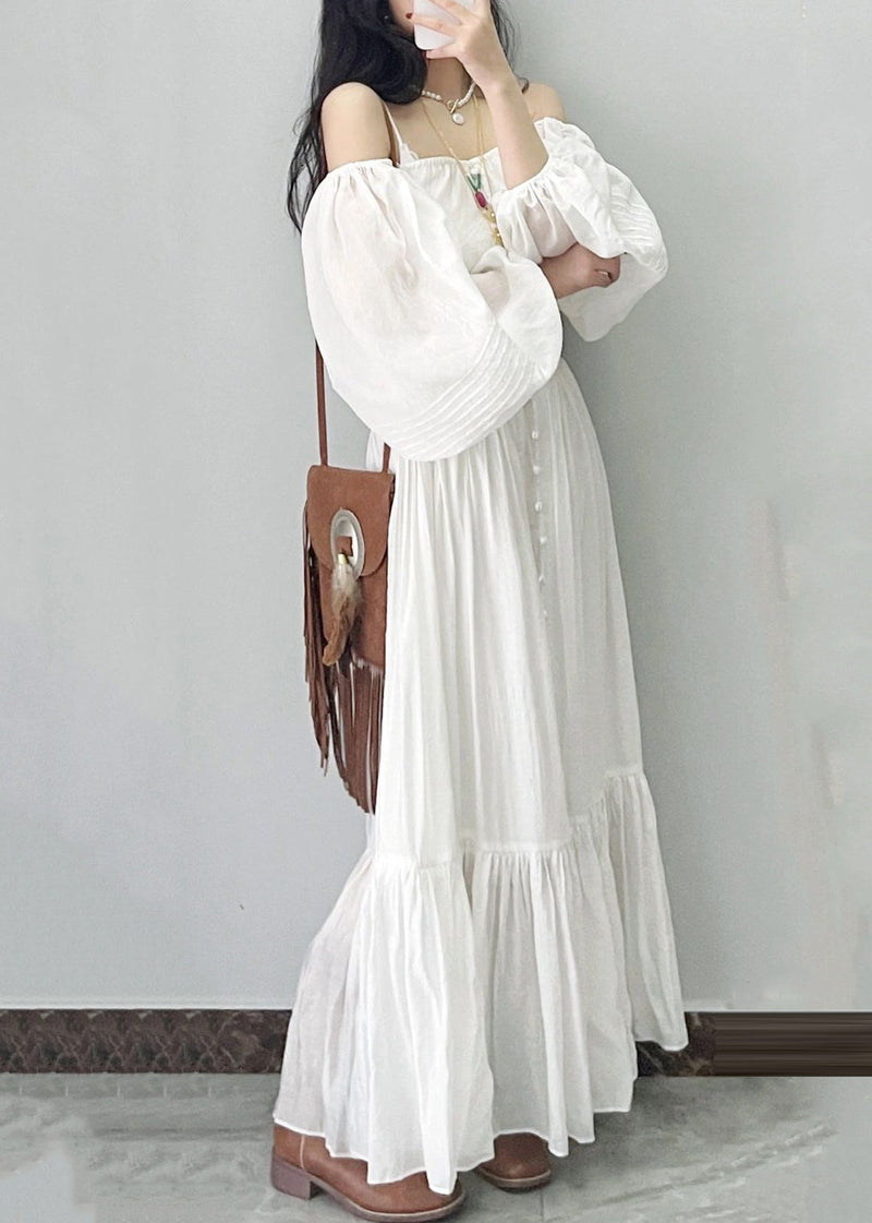 French Square Neck Bubble Sleeve White Vacation Dress Fall