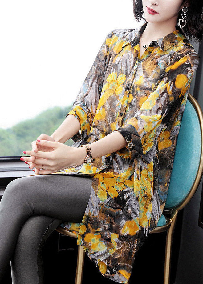 Yellow Peter Pan Collar Print Button Chiffon Dress Bracelet Sleeve
