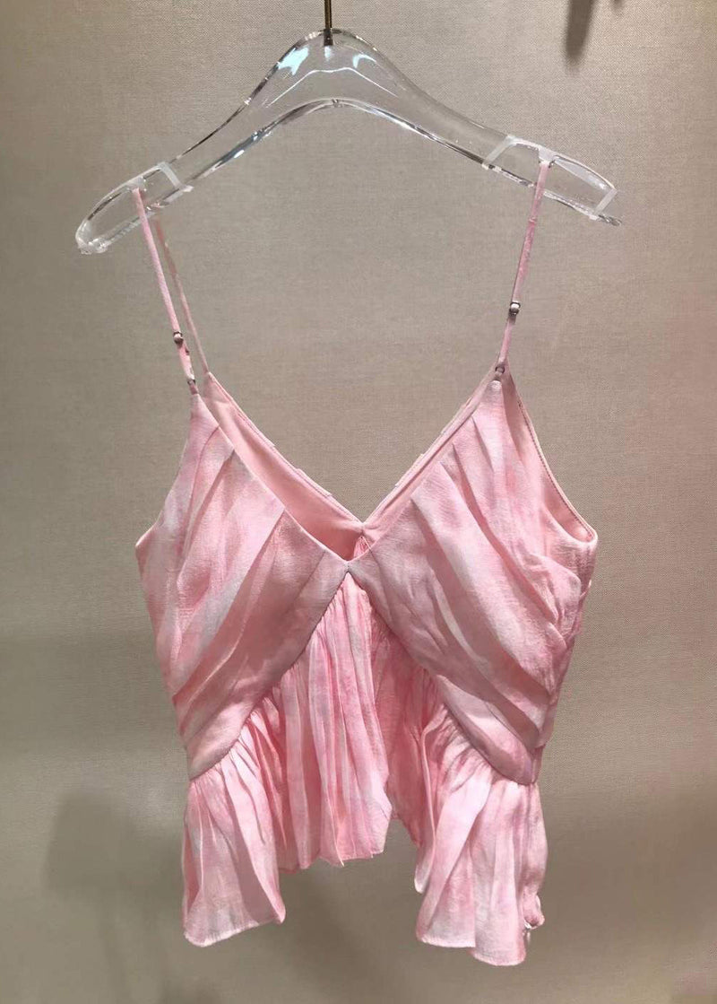Stylish Pink V Neck Wrinkled Spaghetti Strap Tank Sleeveless