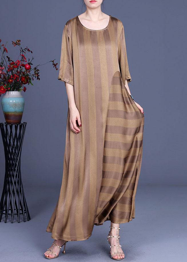 Natural Chocolate Striped O-neck Summer Silk Party Dress