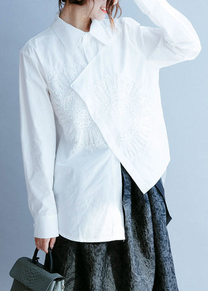 French White Asymmetrical Nail Bead Cotton Shirt Top Spring