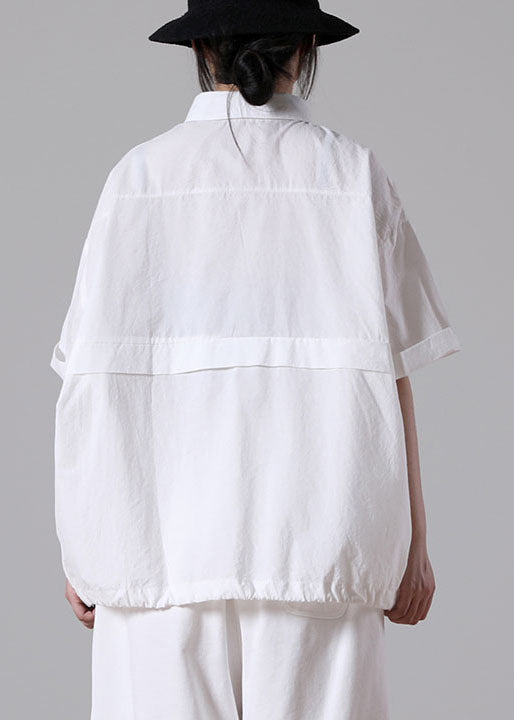 White Loose Cotton Blouse Tops Peter Pan Collar Button Short Sleeve
