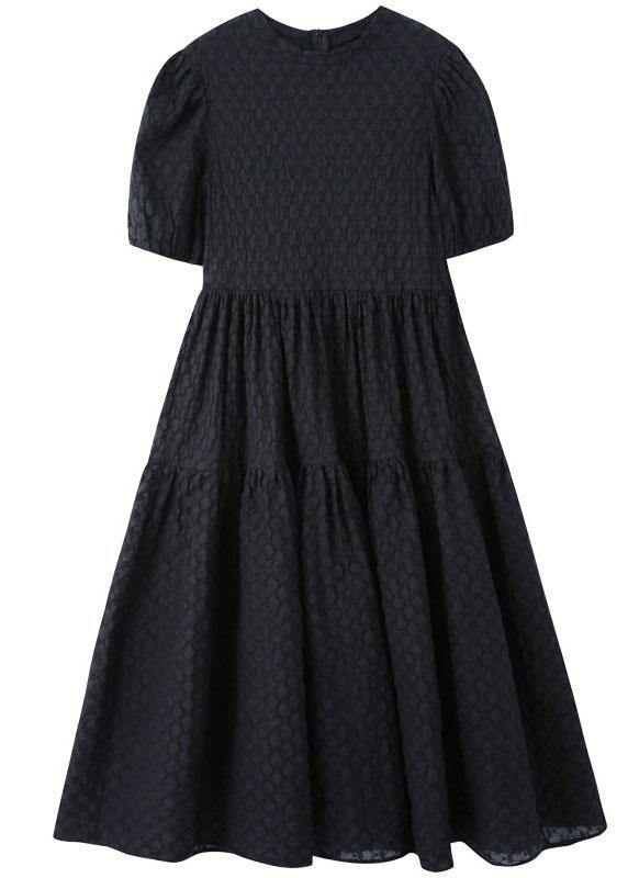 Simple Black Patchwork Puff Sleeve Summer Cotton Long Dresses