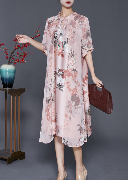 Pink Tasseled Print Silk Maxi Dress Summer