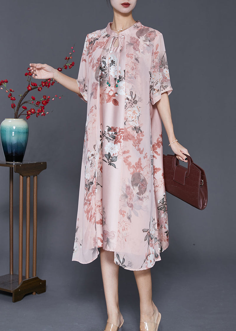 Pink Tasseled Print Silk Maxi Dress Summer