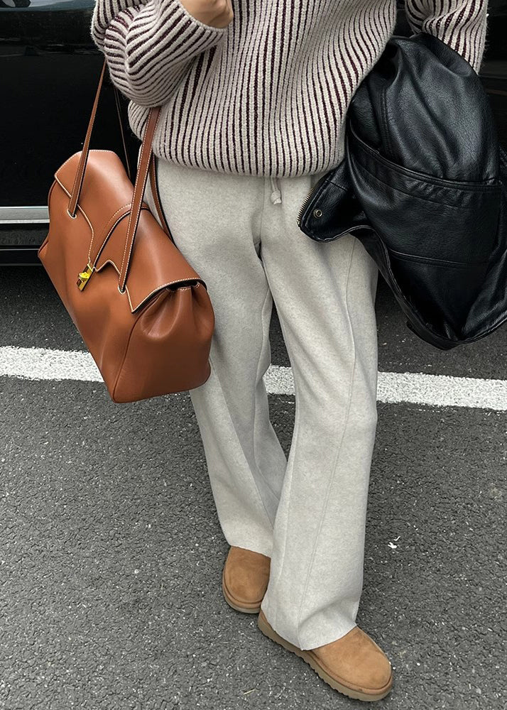 Simple Apricot Pockets Elastic Waist Woolen Pants Winter