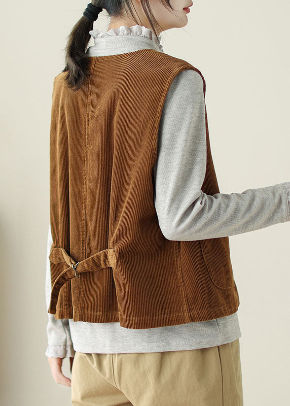 Caramel O Neck Pockets Corduroy Vest Sleeveless