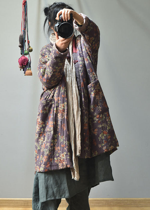 Purple V Neck Pockets Print Fine Cotton Filled Winter Coats