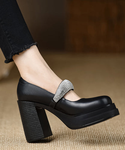 European and American Style Suede Chunky High Heels Splicing Zircon Buckle Strap