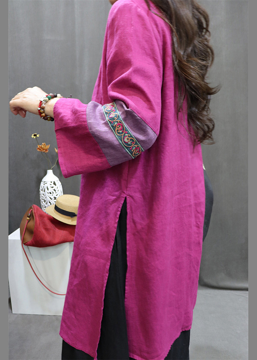 Green Stand Collar Embroideried Linen Holiday Dress Spring