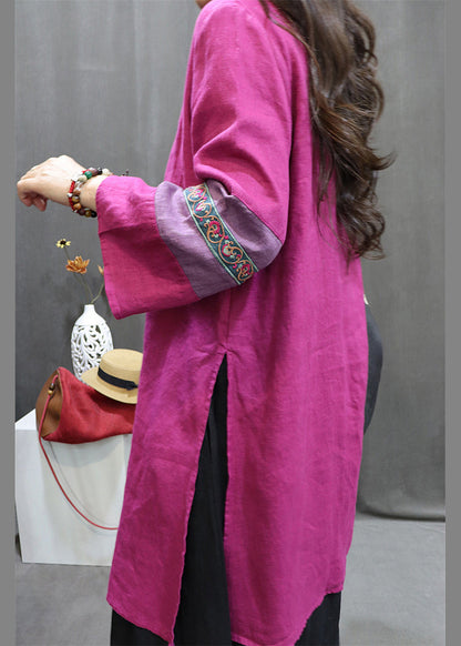 Green Stand Collar Embroideried Linen Holiday Dress Spring