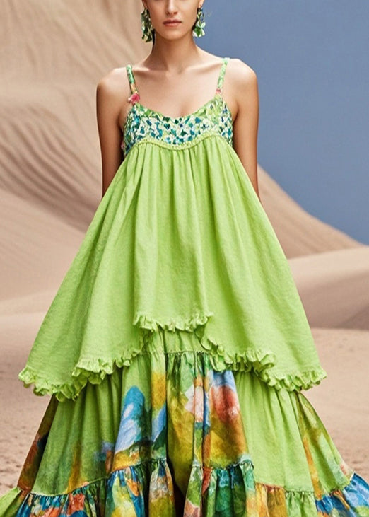 Grass Green Print Exra Large Hem Cotton Spaghetti Strap Dress Summer