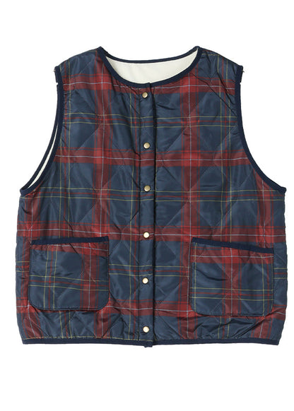 Red Navy Plaid Pockets Patchwork Warm Fleece Vest Sleeveless
