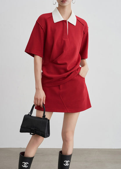 New Red Peter Pan Collar T Shirt and Skirts Cotton Two Pieces Set Summer