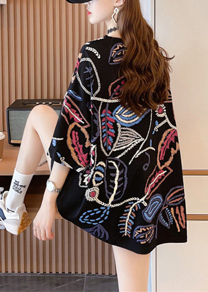 Black O-neck Print Top Summer