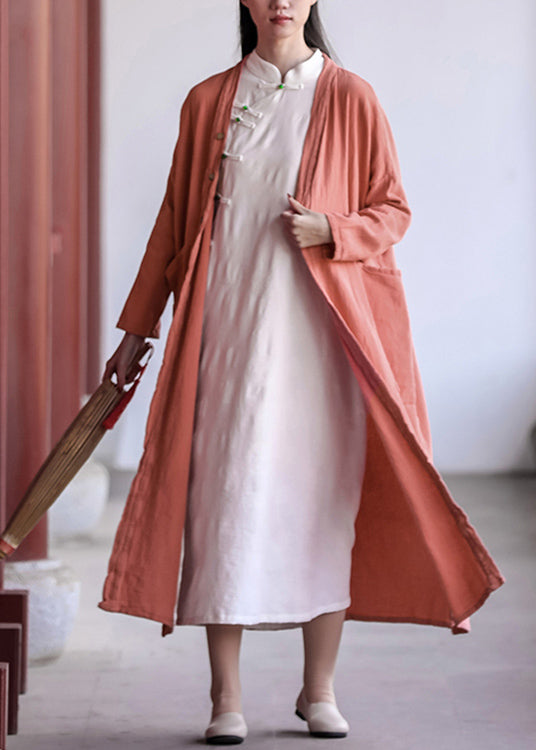 Brick Red Button Pockets Patchwork Cotton Long Coat Fall
