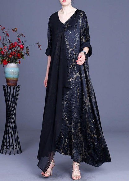 Black Print Patchwork Summer Silk Dress