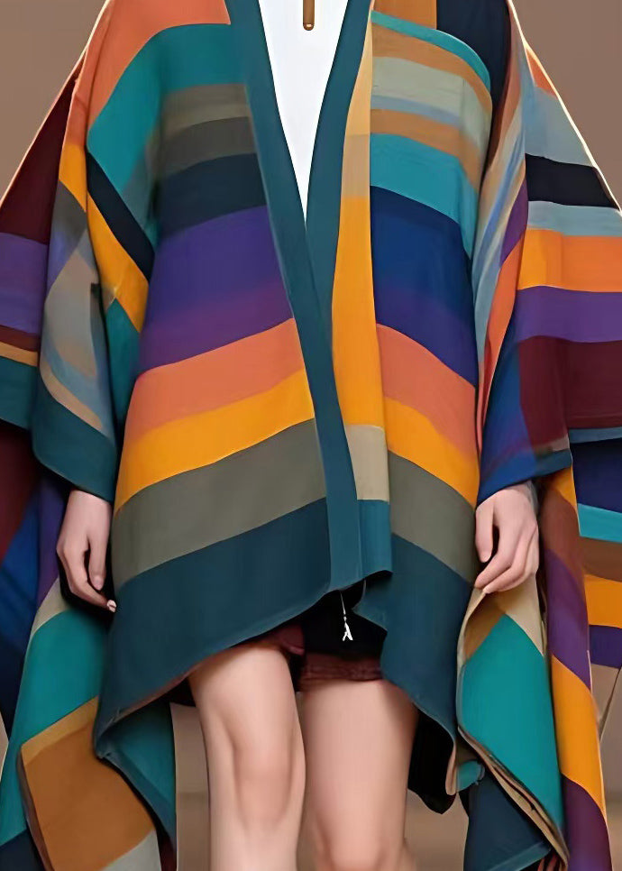 Rainbow V Neck Striped Woolen Coat Long Fall