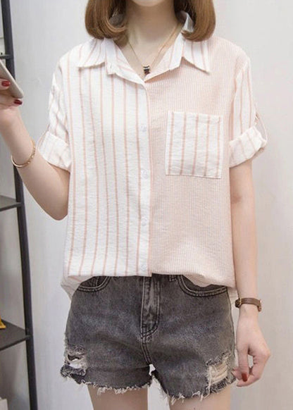 Blue Peter Pan Collar Striped Cotton Shirt Top Bracelet Sleeve