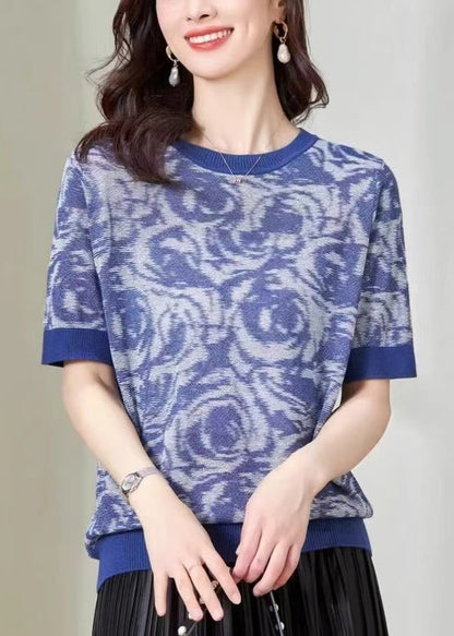 Diy Blue O-neck Print Knit Top Summer