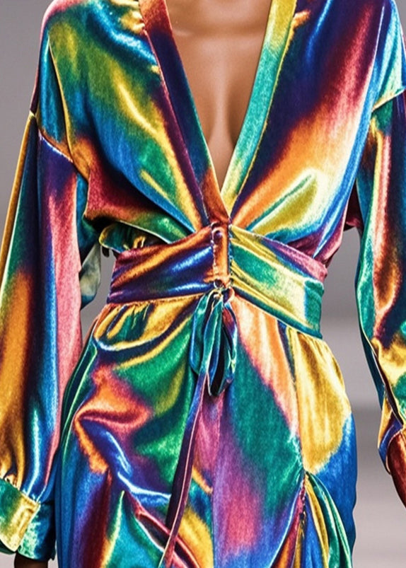 Simple Gradient Color V Neck Silm Fit Silk Velour Robe Dresses Fall