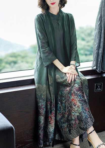 Blackish Green Print Silk Cardigans and Long Dress Two Pieces Set Button Spring