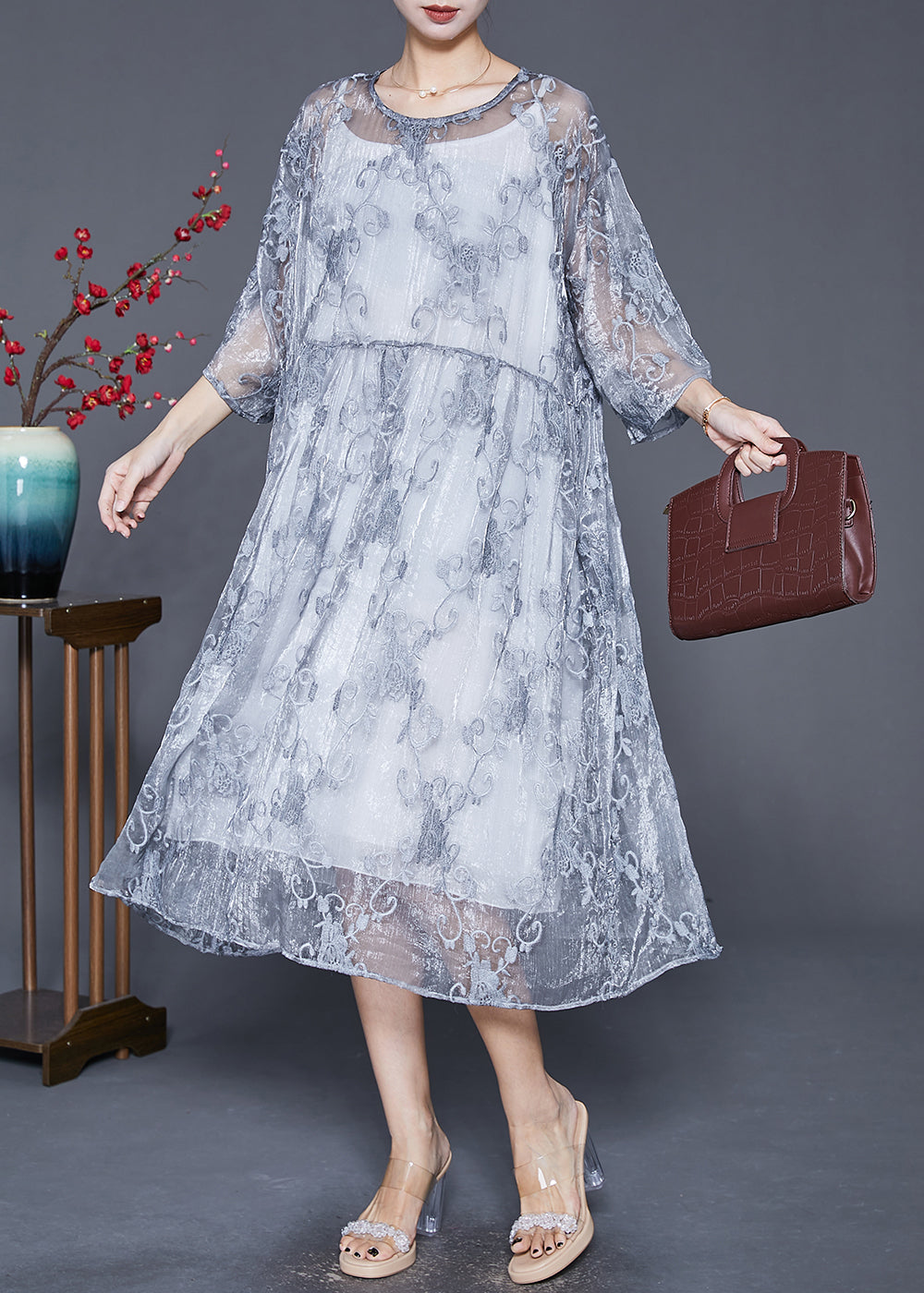 Grey Embroideried Tulle Robe Dresses Two Piece Set Summer